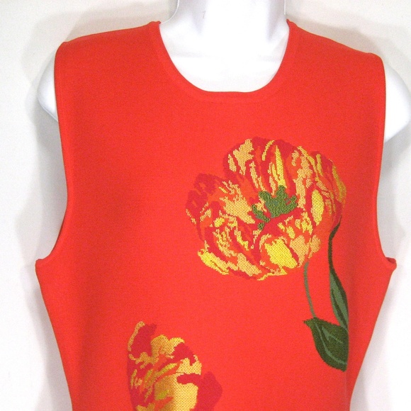 LELA ROSEFloral red Jacquard Knit Sleeveless Dress
